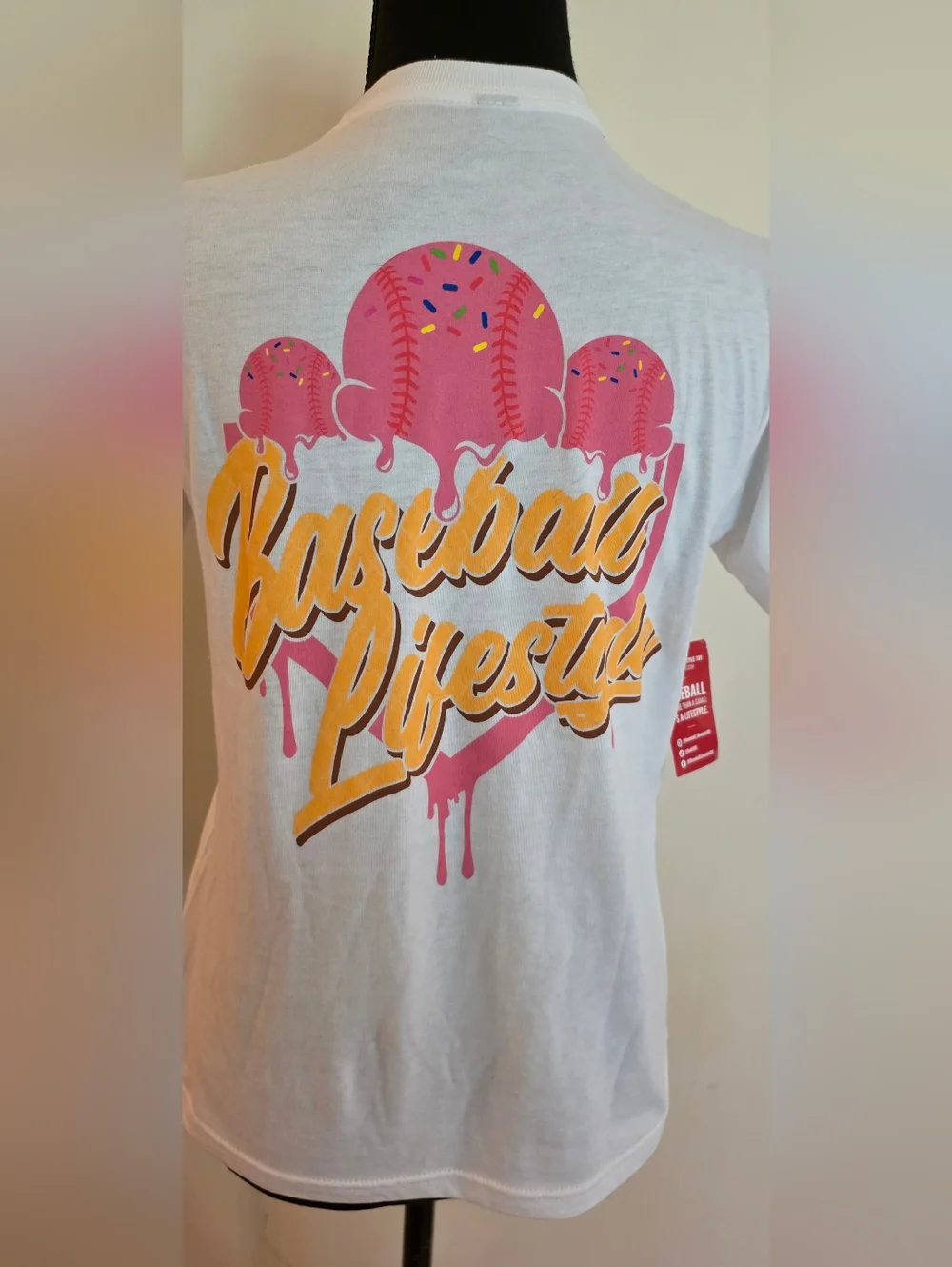 Girl's BASEBALL LIFESTYLE White Short Sleeve Tee w/ Pink & Yellow Logo (Size YL) - Picture 6 of 9